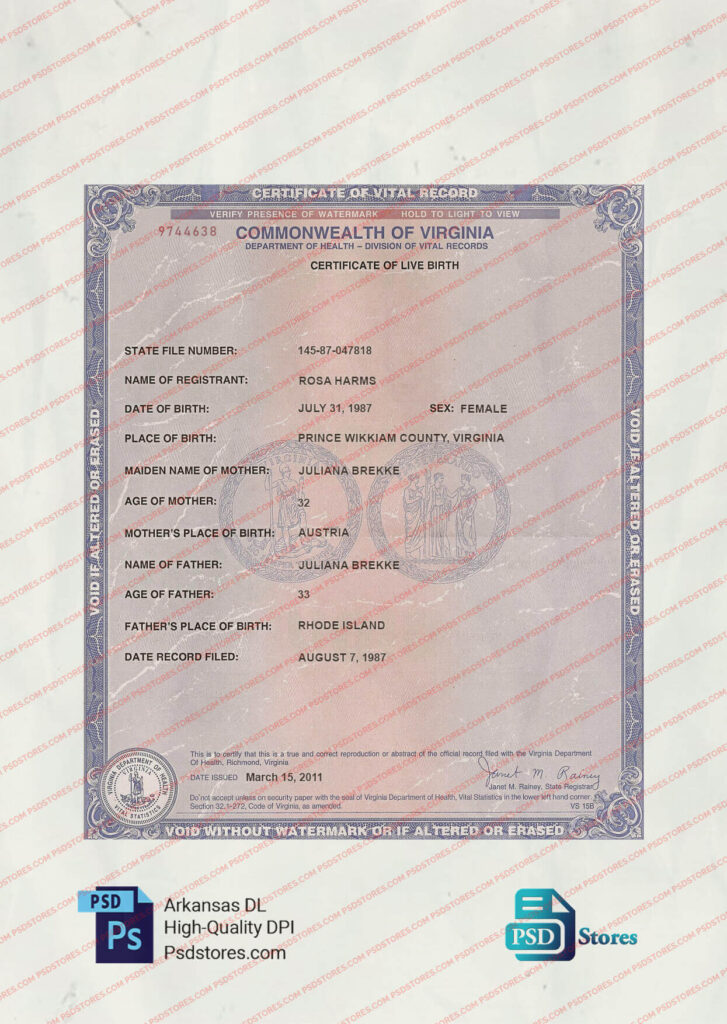 Virginia Birth Certificate Template Psd Stores