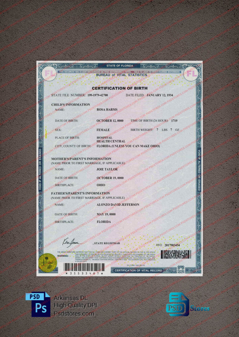 Florida Birth Certificate Template Psd Stores 7131