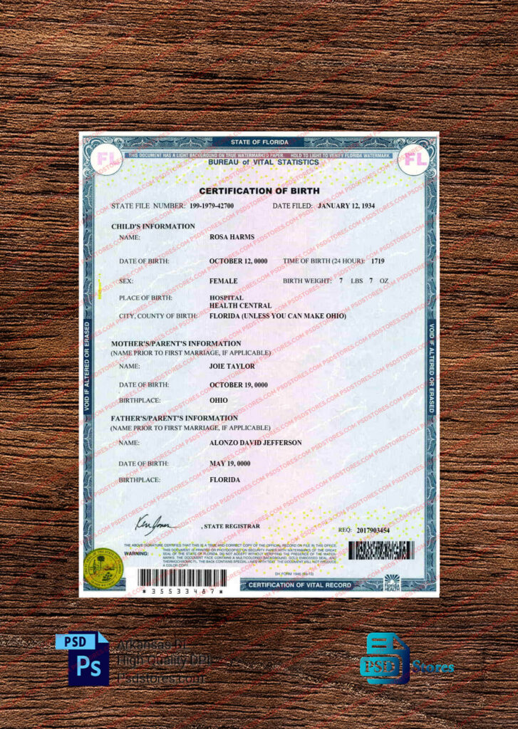 Florida Birth Certificate Template PSD Stores