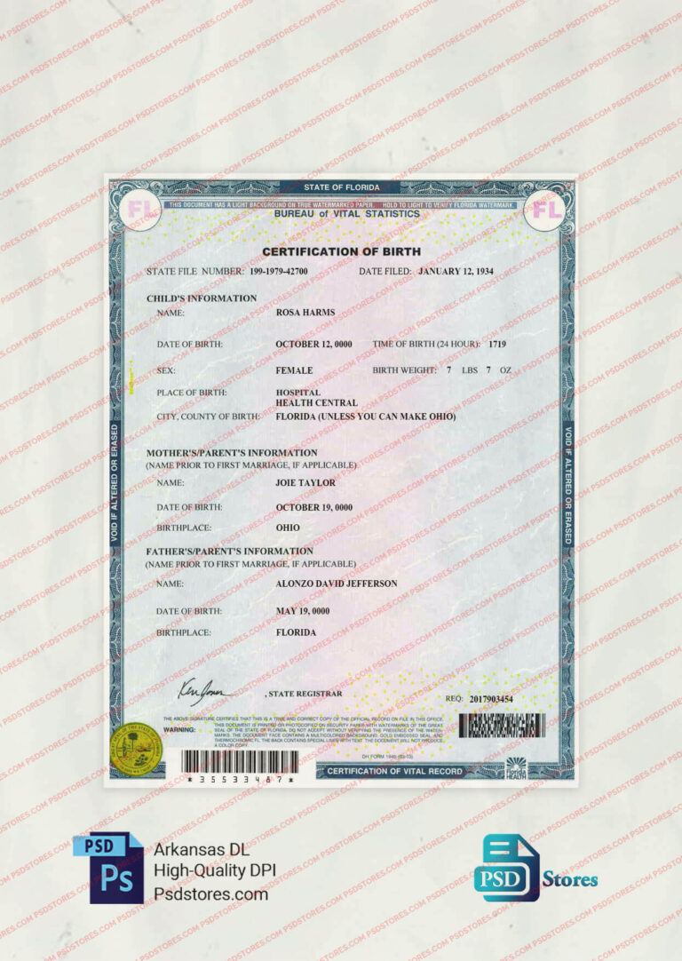 Florida Birth Certificate Template - PSD Stores