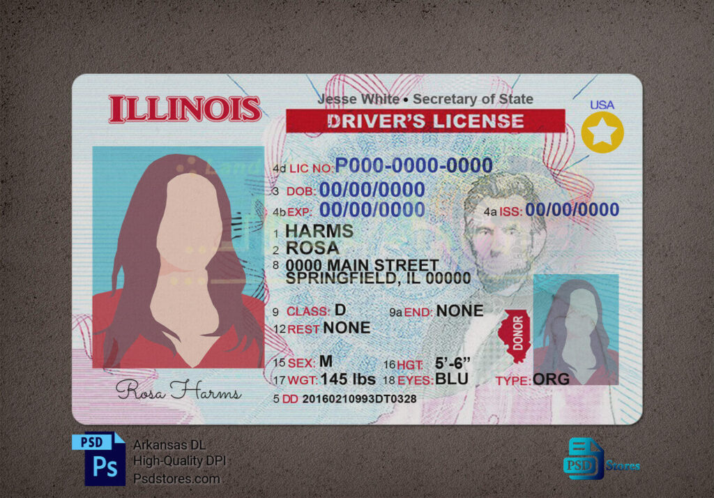 Illinois Driver License Template PSD Stores   Illinois Driver License Front3 1024x714 