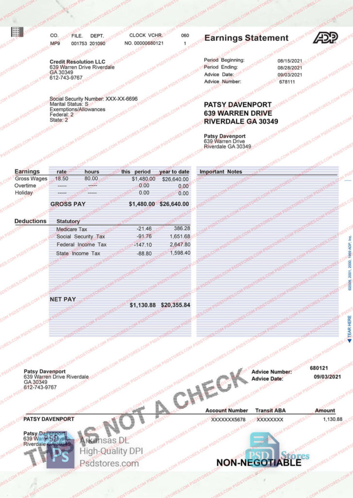 Usa Adp Earnings Statement Template Psd Stores 8411