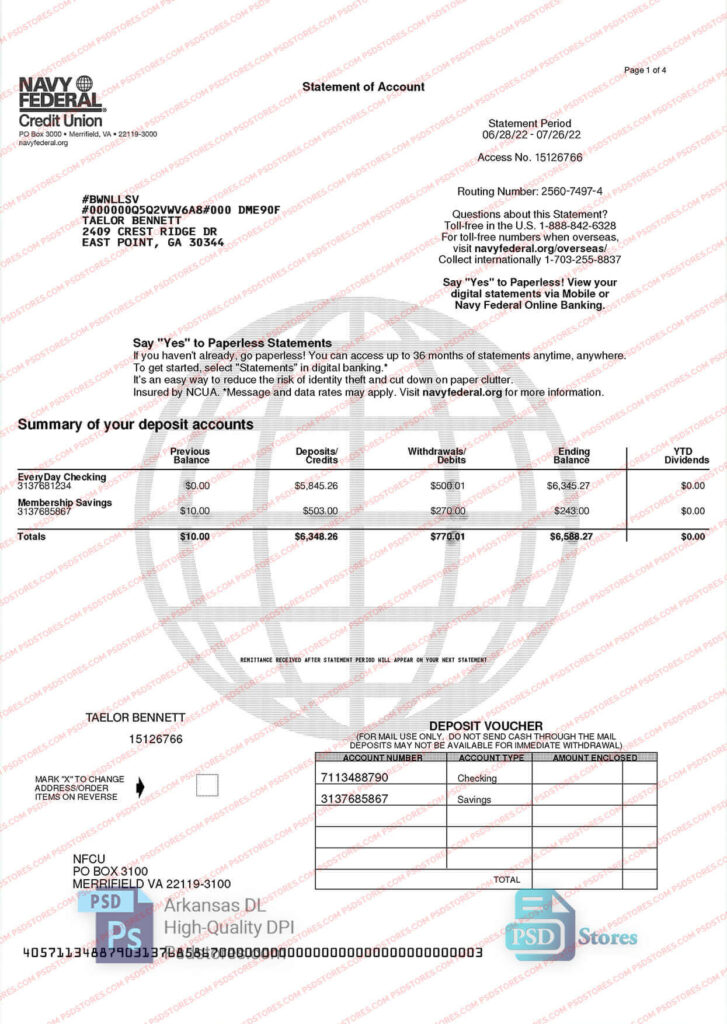 Navy Federal Bank Statement Template PSD Stores